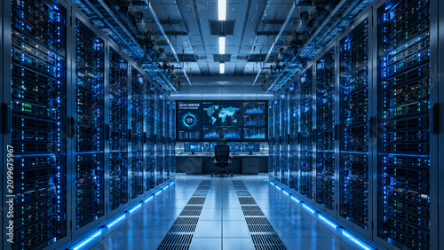 Modern Data Center Server Room with AI Network Technology Infrastructure