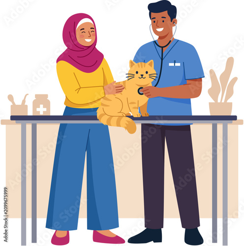Foto Muslim woman in hijab educates pet owners with vet