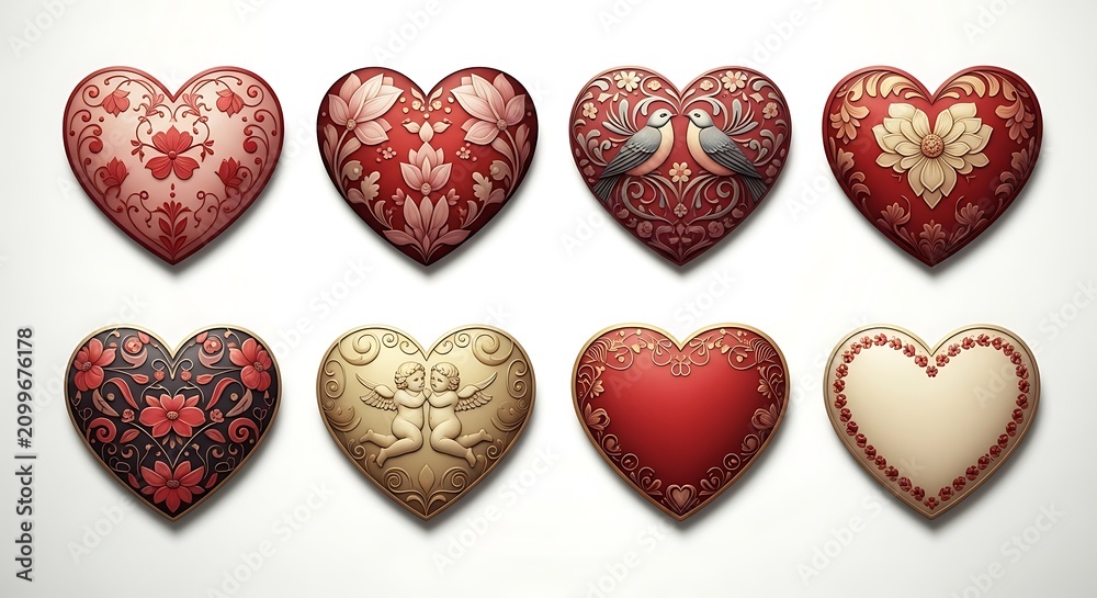 Fototapeta premium Collection of intricately designed heart shapes in various colors and patterns