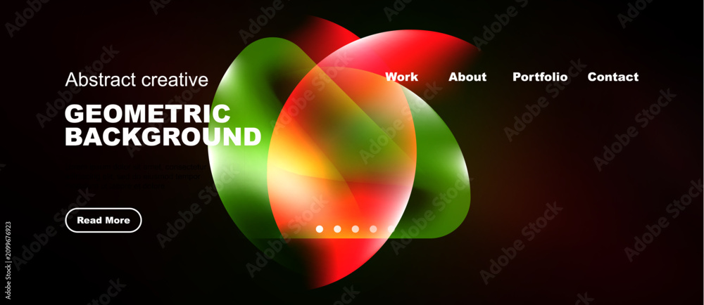 Naklejka premium Modern design features vibrant overlapping circles. Text highlights geometric background, navigation options present. Simple, clean aesthetic.