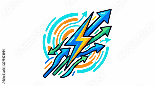 Dynamic graphic of a lightning bolt with multiple arrows pointing outwards