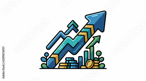 Dynamic graphic showing upward financial trends with coins and plants