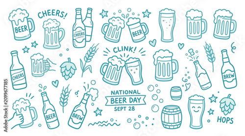 Bild auf Leinwand A collection of hand-drawn doodles celebrating National Beer Day, featuring beer mugs, bottles, hops, and celebratory text