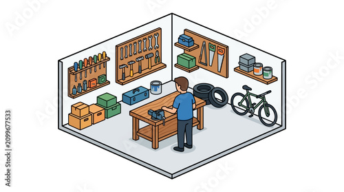 Quadro su tela Man working at a workbench in a clean organized workshop