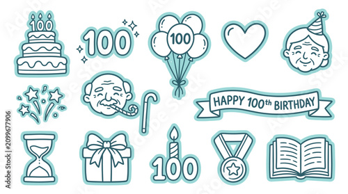 Schilderij op canvas Collection of icons celebrating a 100th birthday, including cake, balloons, gifts, and elderly faces