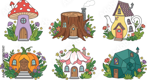 Fairy house icon set with cute fantasy dwellings including mushroom tree stump teapot pumpkin flower and stone shell homes vector illustrations