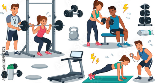 Fitness gym training vector icon set with personal coaches helping people with weightlifting, squats, planks, dumbbells, and cardio equipment illustrations