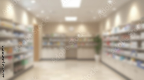 Blurred Interior of a Modern Pharmacy Store.