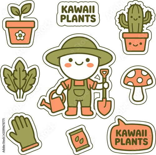 Adorable kawaii gardening sticker set featuring a happy gardener, potted plants, tools, and seeds.