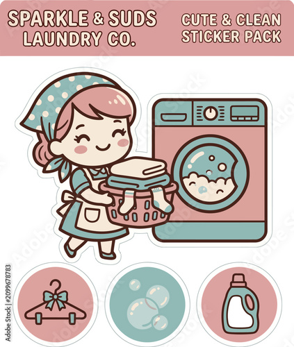 Adorable pastel laundry themed sticker pack featuring a cheerful cartoon character, washing machine, and cleaning icons.