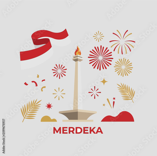 Vibrant vector illustration celebrating Indonesian Independence Day featuring Monas, a waving flag, festive fireworks, and 
