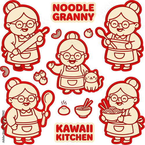 Kawaii cartoon illustrations of a cheerful grandmother preparing various dishes with kitchen utensils and a cat.
