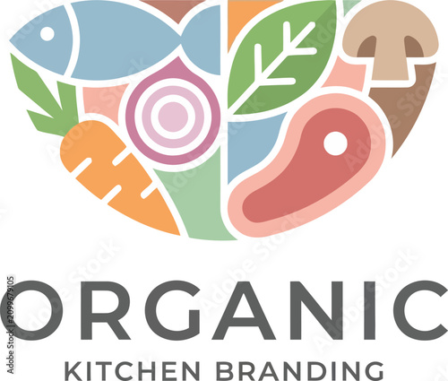 Stylized logo featuring a colorful assortment of organic food ingredients like fish, vegetables, and meat, with 'ORGANIC KITCHEN BRANDING' text below.