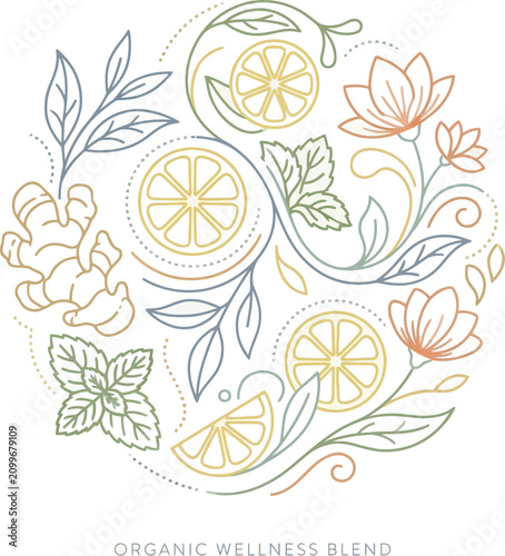 Elegant circular line art illustration depicting a refreshing organic wellness blend of ginger, lemon, mint, and delicate flowers.