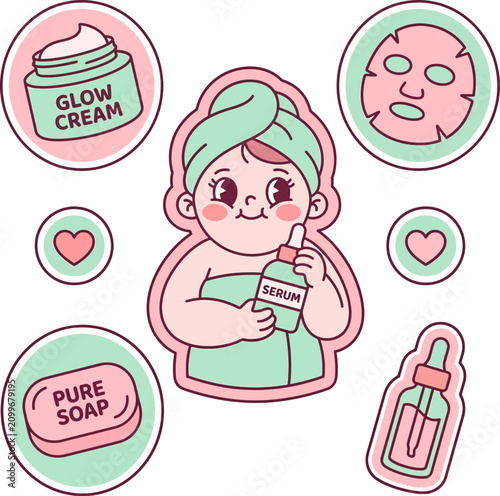 Cute cartoon girl wrapped in a towel holding a serum bottle, surrounded by various skincare products, illustrating a beauty routine.