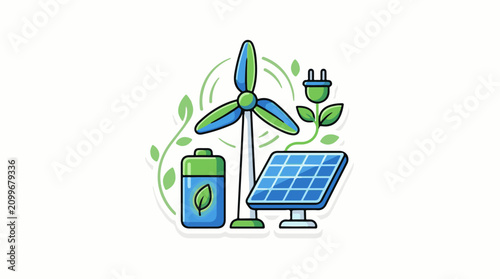 Green energy sources solar wind battery and plug
