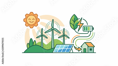 Green energy sources power a home with sun wind and solar