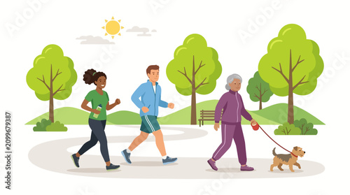 Active Lifestyles in the Park: A vibrant illustration depicting people of different ages and ethnicities enjoying outdoor activities like jogging and walking a dog in a sunny park.