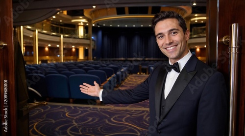 Man in tuxedo welcoming guests to theater