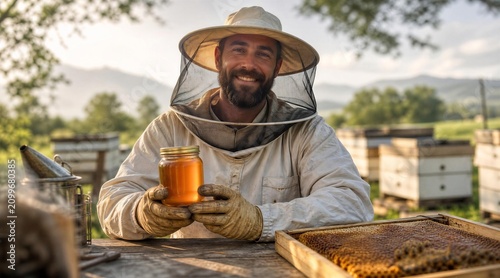 Beekeeper holding jar of honey with honeycomb