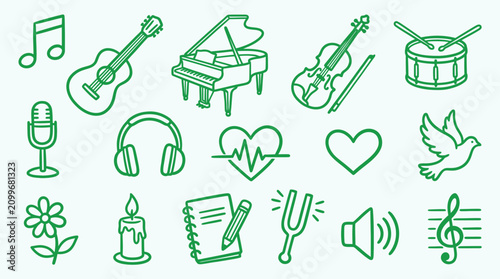 Photos A collection of musical instruments and symbols, including a guitar, piano, violin, drum, microphone, headphones, and notes