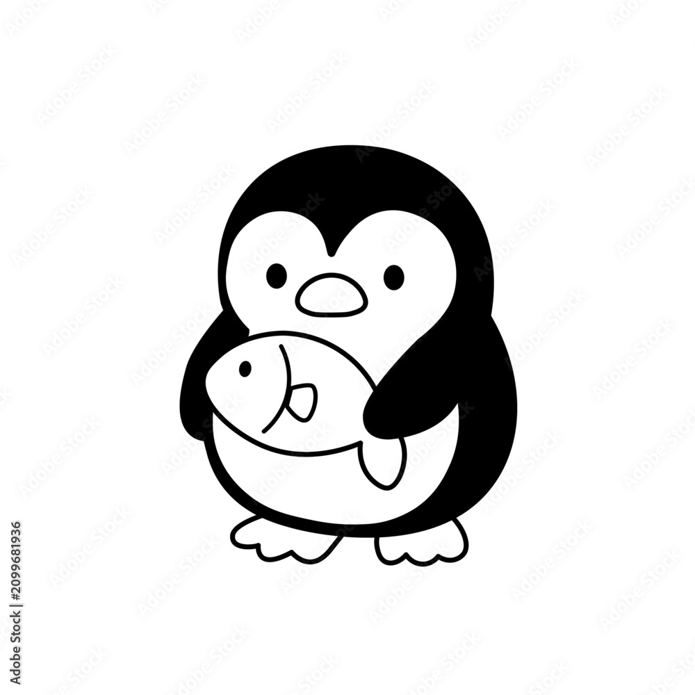 Fototapeta premium ゆるキャラ風ペンギンのモノクロイラスト 咲かなくを持つペンギンのイラスト