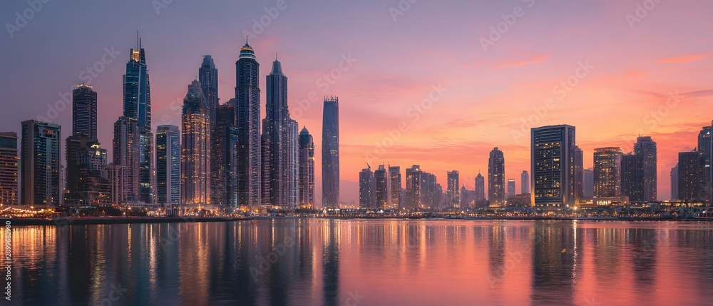Obraz premium Dubai Skyline at Sunset with Water Reflections.