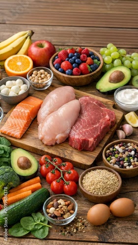 A variety of healthy foods including fruits, vegetables, protein sources, and grains.