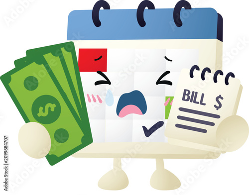 Canvastavla Calendar character holds money and a bill, crying
