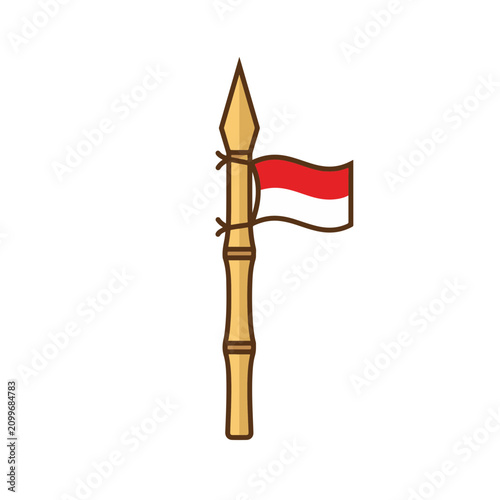 Flat vector illustration of a traditional Indonesian bamboo spear (bambu runcing) tied with the red and white national flag, representing independence and history.
