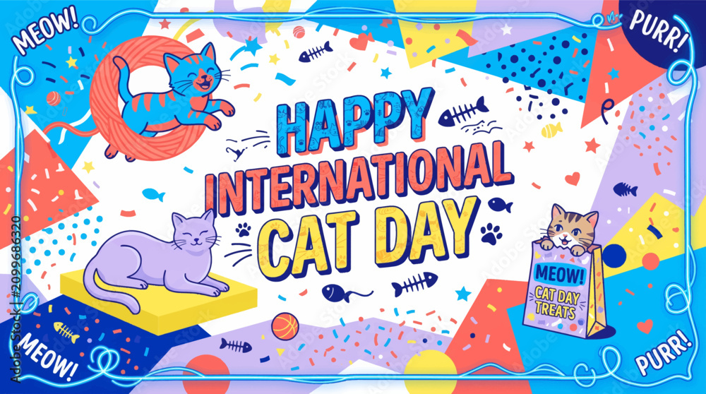 Fototapeta premium Celebratory cats with colorful confetti with fish illustrations _ International Cat Day , 8 August