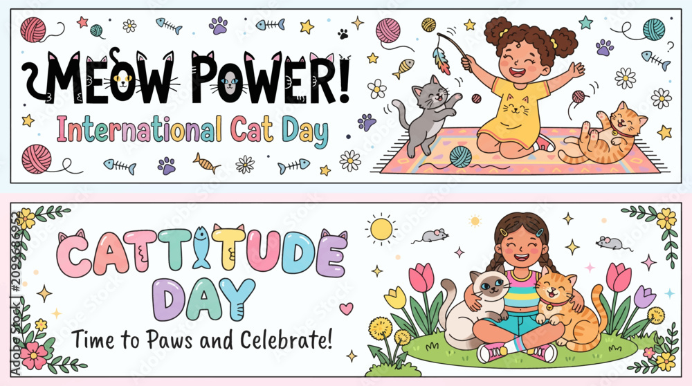 Fototapeta premium Cheerful children celebrating feline companionship with playful _ International Cat Day , 8 August