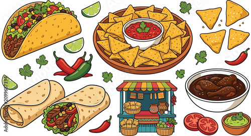 Bild auf Leinwand Mexican food vector set with taco burrito tortilla nachos salsa dip bowl guacamo