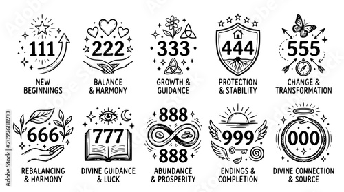 Hand drawn angel number numerology icons 111 222 333 444 555 666 777 888 999 000, black ink sketch vector illustration
