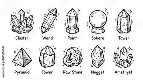 Hand drawn crystal gemstone shape icons raw cut point cluster wand sphere tower pyramid, black ink sketch vector illustration