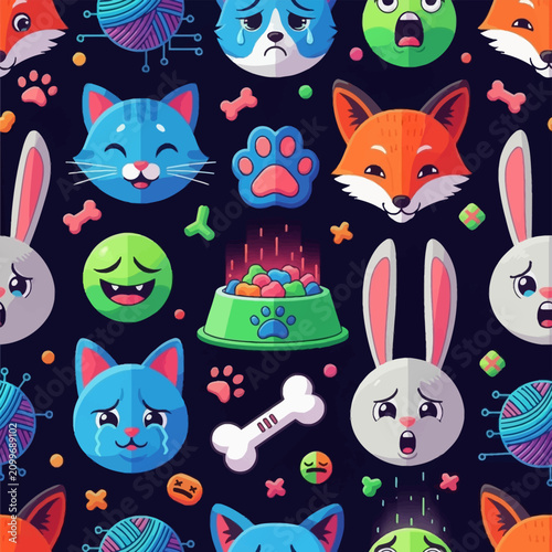 Seamless pattern of cartoon animal faces including cats, foxes, and rabbits with diverse emotions, plus pet toys, bones, and food bowls on a dark decorative background.