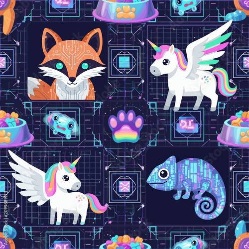 Seamless pattern featuring cybernetic fox with circuit patterns, winged unicorn with rainbow mane, and digital chameleon on a dark neon grid background with pet bowls and paw icons.