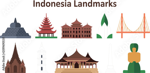 Εκτύπωση καμβά Indonesia landmarks vector illustration set with famous historic temples travel