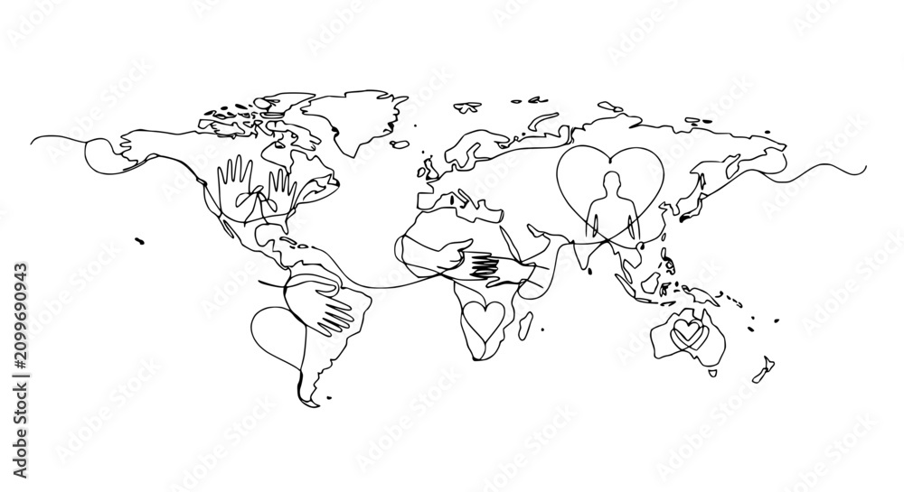 Obraz premium Global Connection: World Map Line Art with Hands, Hearts, and Human Figure