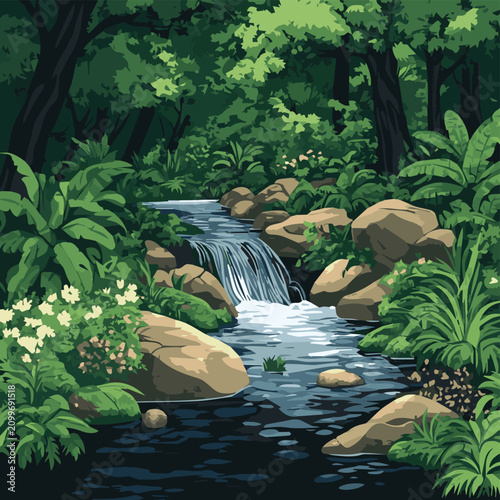 A serene forest scene featuring a gentle stream flowing over rocks amidst lush greenery and blooming flowers.