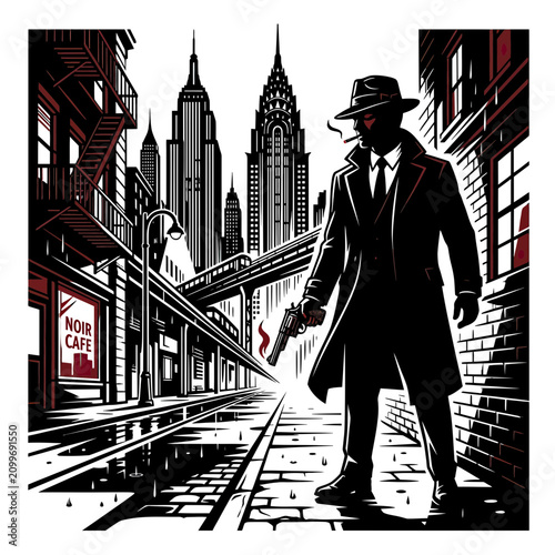 Obraz na plátně Detective Noir City Street Gun Smoke Mystery Vintage Detective Smoking Gun