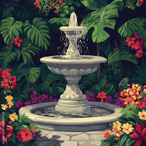 A serene garden fountain surrounded by vibrant tropical flowers and lush greenery, creating a peaceful ambiance.