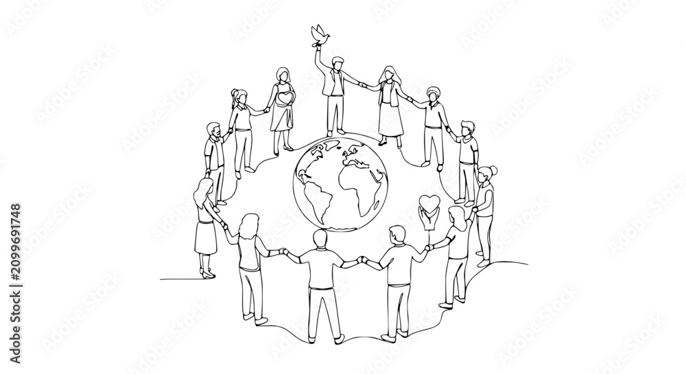 Obraz premium Diverse people holding hands around globe, unity, peace, global community, drawing