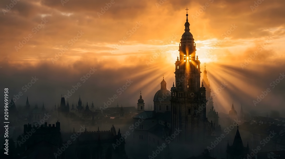 Naklejka premium Atmospheric landscape of an ancient cathedral tower with sunburst effect above low clouds and mist