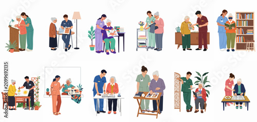 Set of illustrations showing nurses and caregivers supporting senior citizens with engaging activities, books, and cognitive therapy.
