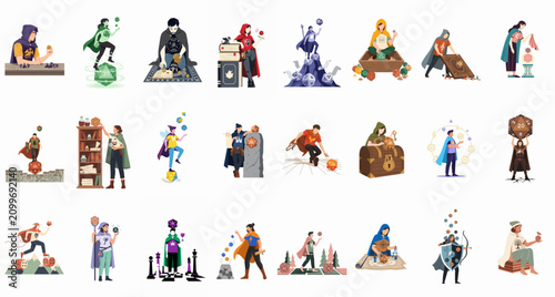 Canvastavla Collection of diverse fantasy tabletop role-playing game character illustrations featuring polyhedral dice, magic, and gaming accessories on white background