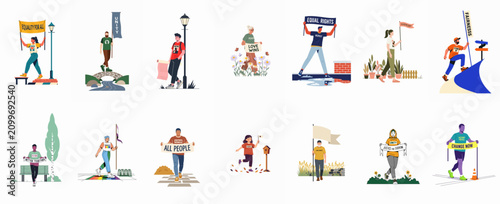 A diverse set of flat vector illustrations featuring activists holding signs and banners for equality, justice, unity, peace, and positive social change.