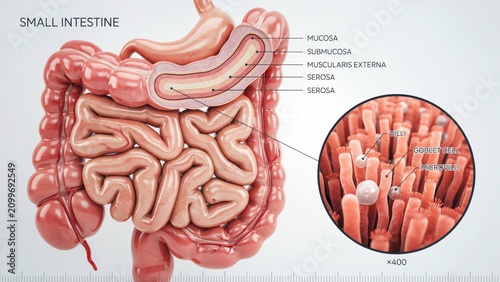Medical illustration of human small intestine anatomy with detailed crosssection layers transparent background