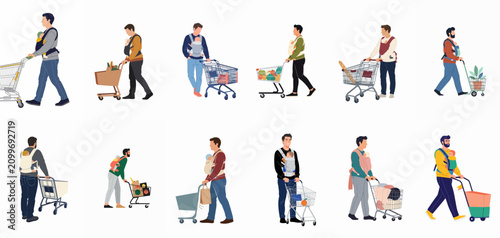 Set of diverse fathers grocery shopping with infants in baby carriers and pushing shopping trolleys, flat vector illustration.