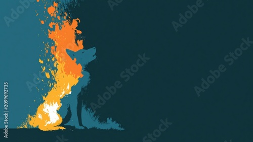 Silhouette of howling wolf with back formed by orange fire.